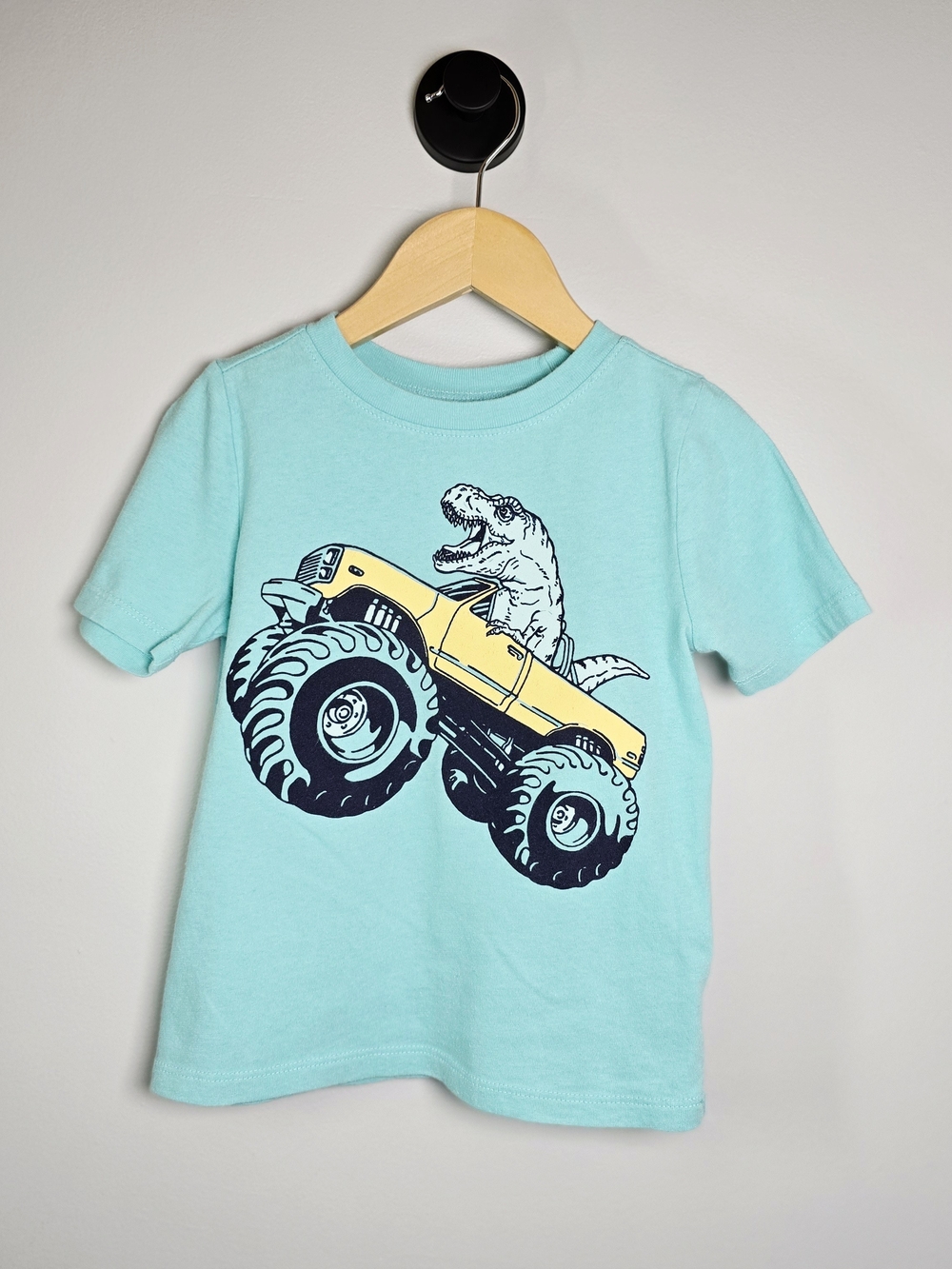 Old Navy Aqua Tee with Dino Driving Yellow Monster Truck Vintage Style